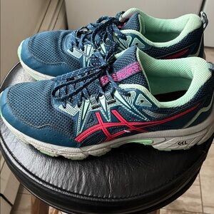 ASICS Dark Blue and Light Green Athletic Sneakers